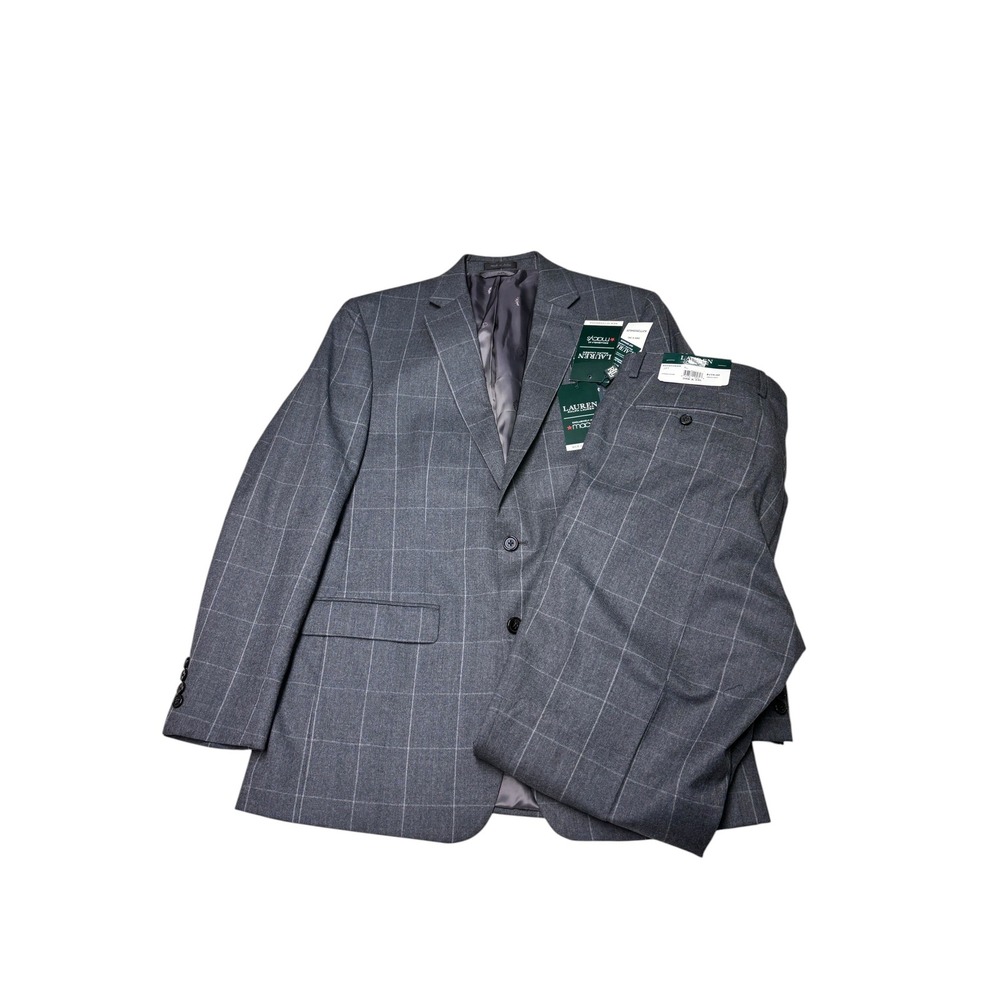 NWT Lauren Ralph Lauren Mens 40L Grey Windowpane 100% Wool Ultraflex Suit Jacket